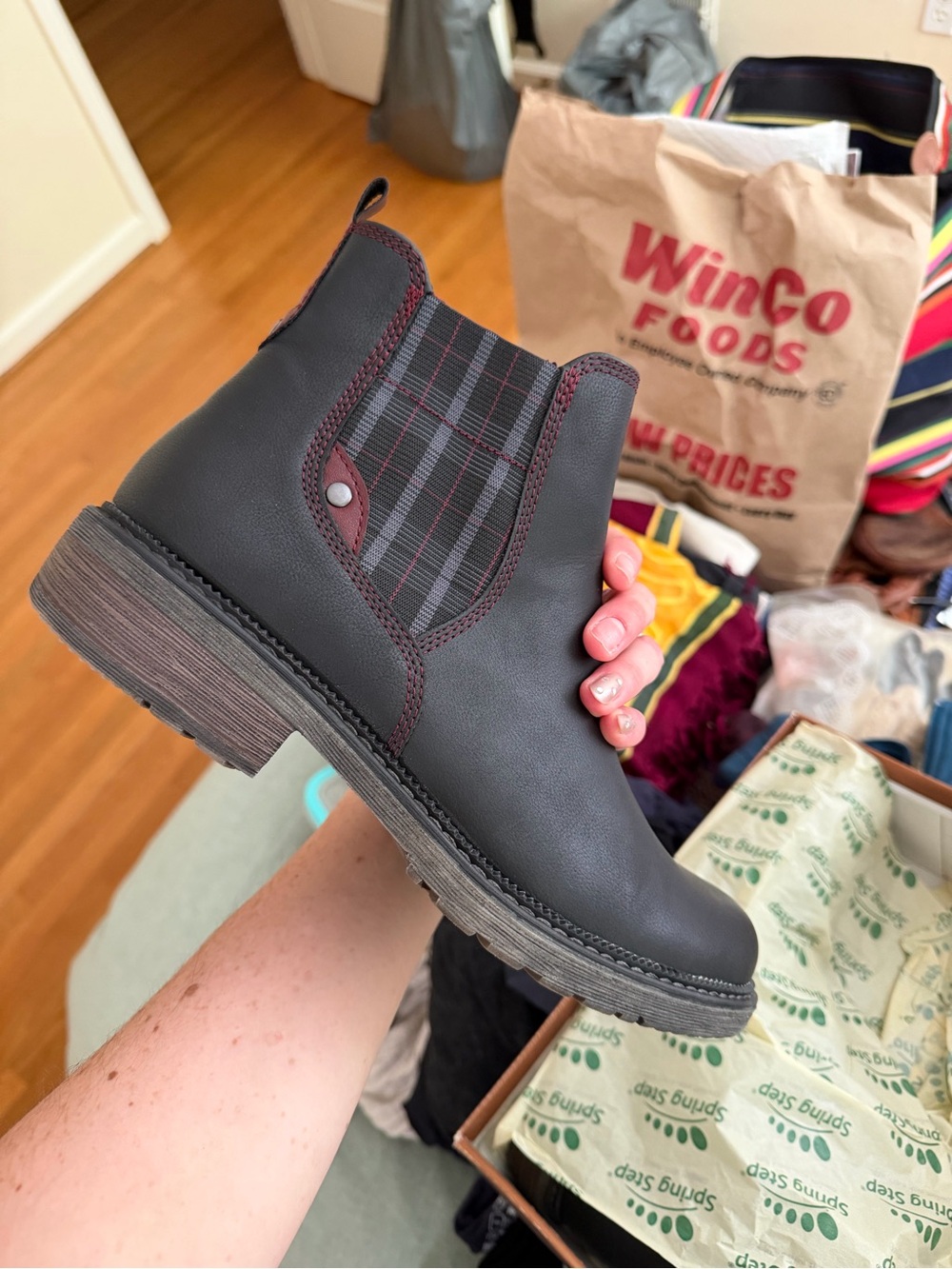 Spring Step Charcoal Chelsea Boot with Plaid Elastic Panel